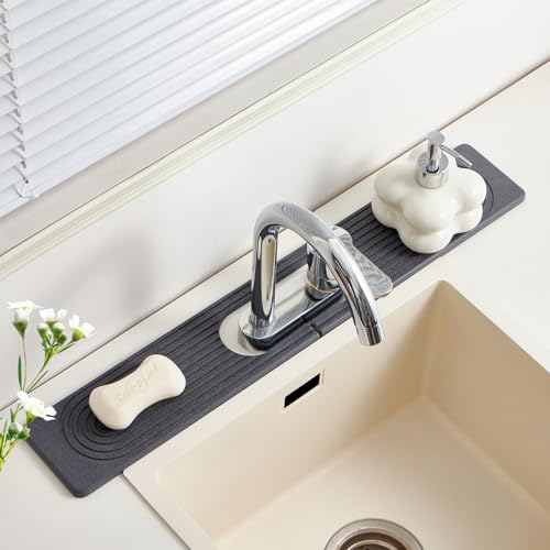 Stone Faucet Mat for Kitchen Sink Oval Hole Bathroom sink splash guard (Dark Gray)