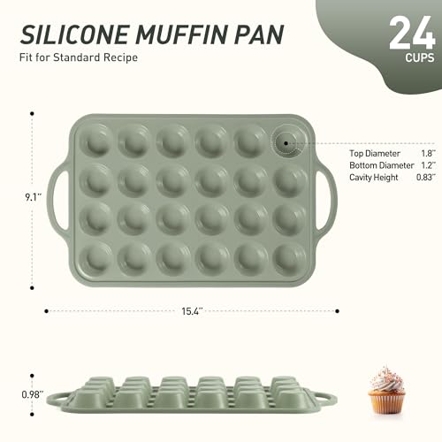 24 Cups Silicone Muffin Pan with Metal Reinforced Frame Mini Size Cupcake Pan Tray Egg Bites Silicone Circle Cookie Molds Little Small Muffin Tin Tart Pans Baking Sheet Set for Sandwiches (1pc: 24-Cup Mini / Morandi Green)