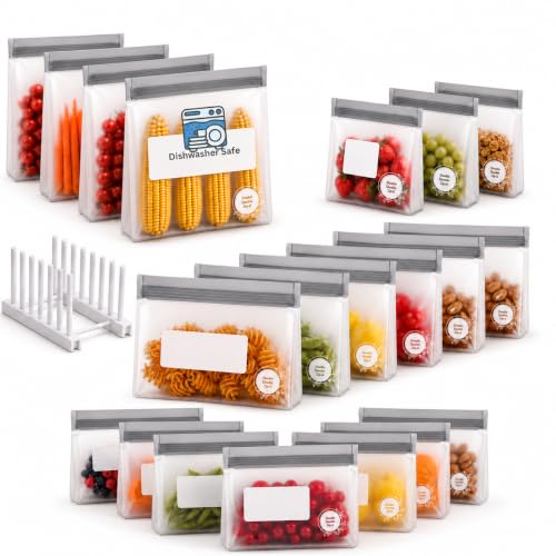 Reusable Food Storage Bags (21 Pack of 4 Gallon, 6 Large, 7 Medium, 3 Small Bags, Plus 1 Rack (Grey))