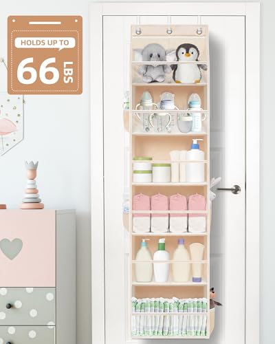 Over Door Organizer Hanging Shelves Large Clear Deep Pockets (Oat Beige / 6-Shelves 62.2"H)