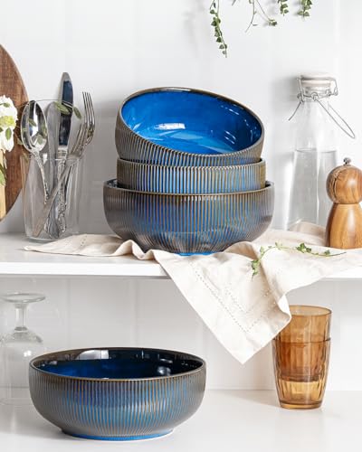Large Serving Bowls Ceramic Salad Bowl Set of 2 (Embossed Stripes (Vintage Blue) / 8")