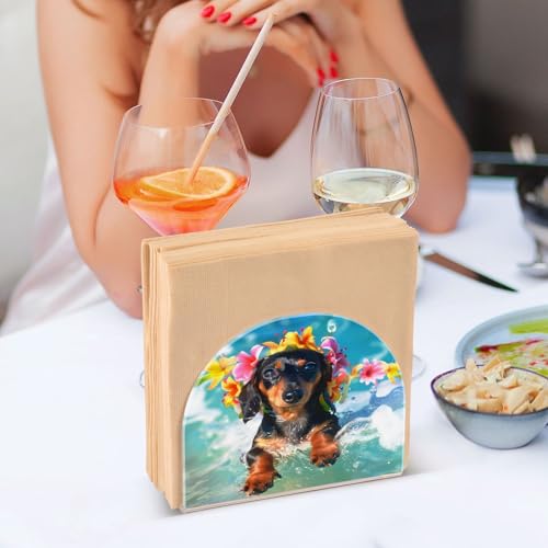 Cute Dachshund Puppy Surfing Napkin Holder for Table Paper Napkins Holder Acrylic Tissue Dispenser Kitchen Dining Room Bathroom Party Car Decor (NH073 / 4.1x4.9x1.97in)