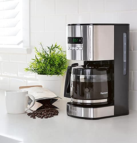 Kenmore Coffee Maker 12 cup Drip Coffee Machine Reusable Filter Programmable Timer Digital Display Aroma Control Glass Carafe Charcoal Water Filter Regular Bold Stainless Steel and Black