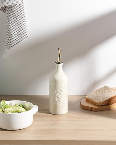 Sweejar Ceramic Olive Oil Dispenser Bottle 20 Oz Relief Opaque Oil Cruet Protects To Reduce Oxidation Suitable for Storage Vinegar (Beige / 20 oz (Gold Spout), Set of 1)