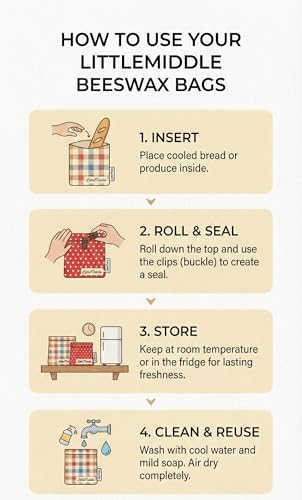 2 XL Beeswax Bread Bags for Homemade Bread (Beige with Picnic)