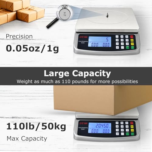 110lb 50kg Food Scale Digital Kitchen Scale with Tray Large LCD Display 304 Stainless Steel Commercial Price Computing Scale Counting Scale for Baking Cooking Meat Industry Counting Adapter Included (Silver 50kg with Tray)