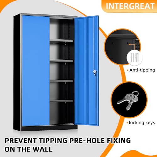 Metal Storage Cabinets 72” Black Blue Garage Steel Storage Cabinet with Doors and Shelves (Black Blue / 72")