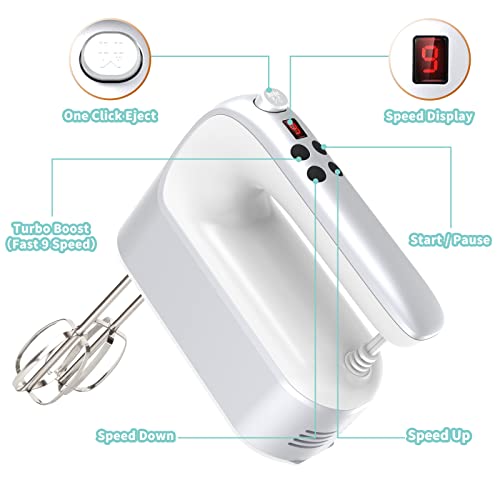 9 Speed Digital Hand Mixer Electric (Silvery White)