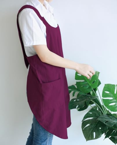 Japanese Cotton Cross Back Kitchen Cooking Aprons for Women with Pockets Cute for Baking Painting Gardening Cleaning Dark Red (09 - Women's Purplish-red)