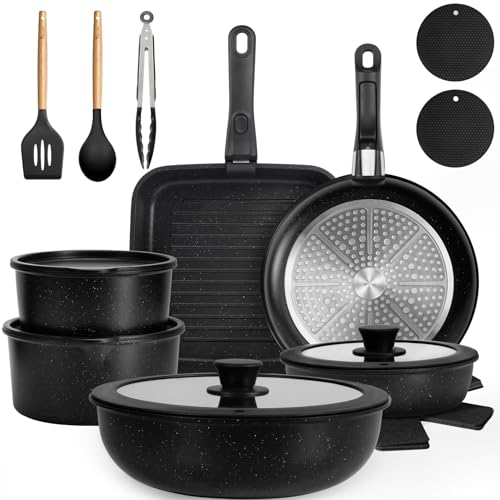 22 Pack Nonstick Pots and Pans Set (Black / 22 Pack)