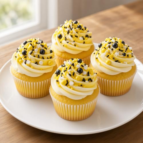 Yellow & Black & White Sprinkles Mix Size Pearls Bumble Bee Themed Cake Decorations Cupcake Toppers Perfect for Wedding Valentine Supplies 4.58OZ (Yellow&Black&White)