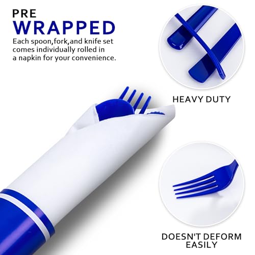400PCS Pre Rolled Blue Plastic Silverware Set Heavy Duty for Wedding (Blue - Classic)