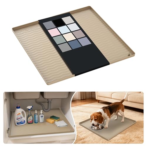 Waterproof Silicone Under Sink Mat 19'' x 19'' Shelf Liner for Kitchen and Bathroom (Khaki / 19"W x 19"L)