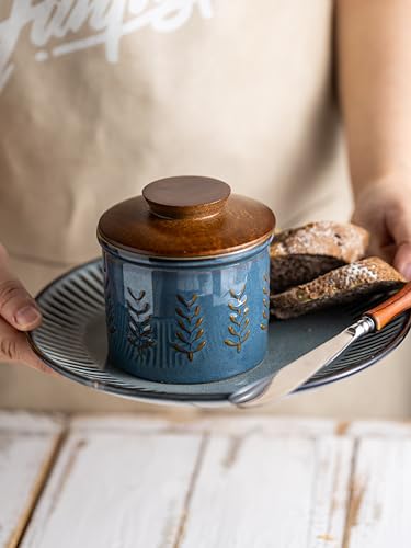Ceramic Butter Crock with Lid for Countertop (Blue / Leaf-3.94"dia)