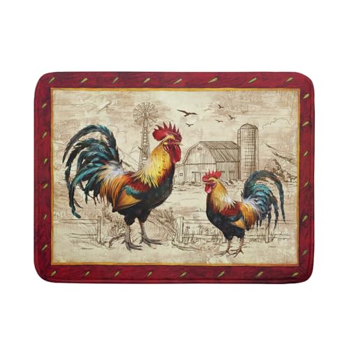 Farm Rooster Dish Drying Mat for Countertop 18x24 Inches Red Rustic Chicken Absorbent Microfiber Dry Dishes Pads Kitchen Counter Accessories (Red Rooster / 18" x 24")