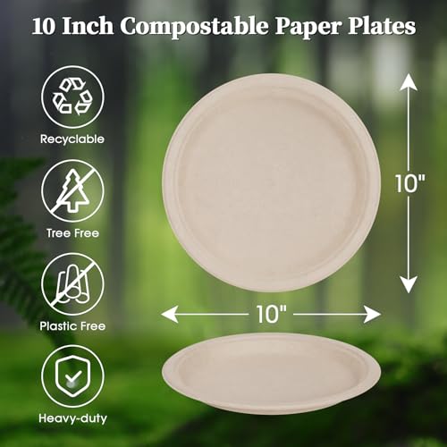 150 Pack 10 inch Compostable Disposable Paper Plates for Party (10in-150natura)