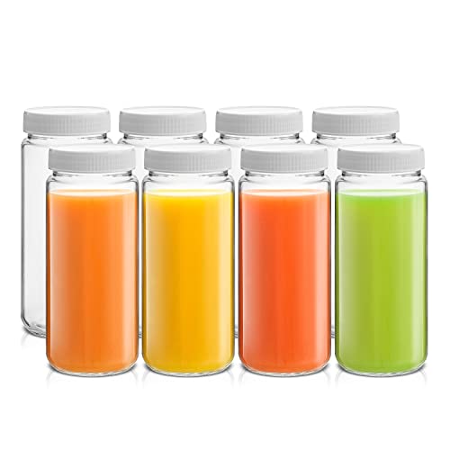 16 oz Reusable Glass Bottles with Caps. Set of 8 Juicing Bottles With Lids and Juice Jars Labels. Glasses for Cold Brew (White Lids)