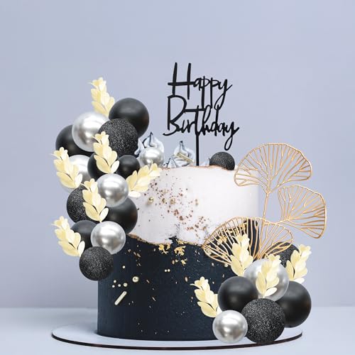57Pcs Balls Cake Topper Boho Grass Cake topper Pearl Balls Acrylic Happy Birthday Cake Decorations for Wedding Baby Shower Birthday Boho Themed Party Supplies Black Silver (Black Silver)