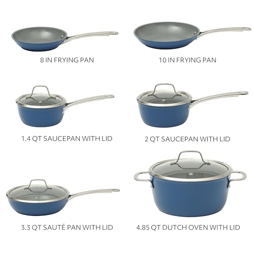 Kitchen Essentials Cool Commune Hard Anodized 10 Piece PFA Free Ceramic Non stick Interior Forged Durable Aluminum Pots and Pans Cookware Set (10-Piece Cookware Set (Hard Anodized Aluminum) / Blue (Hard Anodized Aluminum))