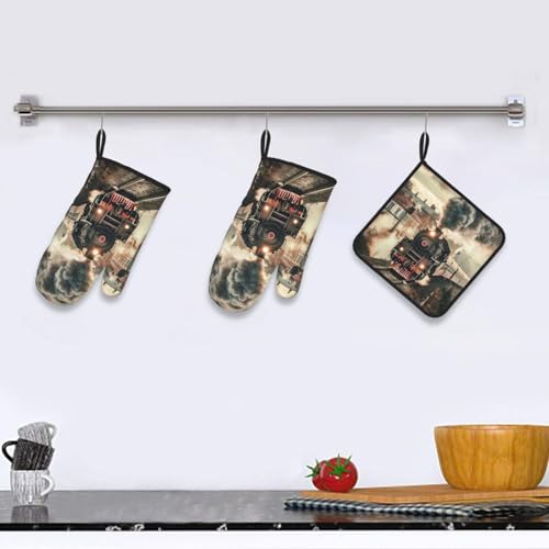 Train Travelling Oven Mitts and Pot Holders Sets of 3 Heat Resistant Oven Gloves Hot Pads Non (Train Travelling)