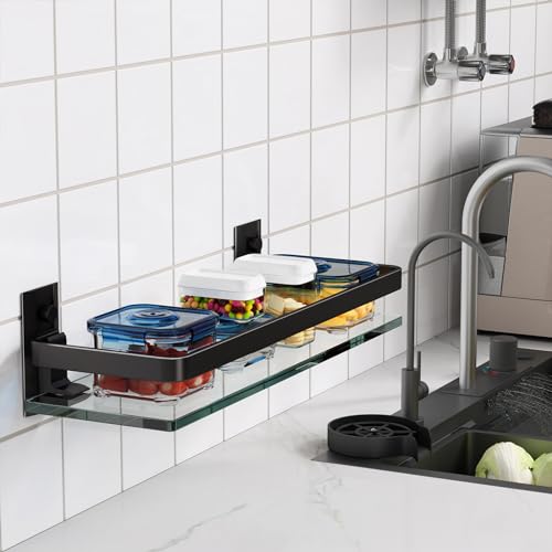 Clear Tempered Glass Wall Shelf (Black / Single Shelf)