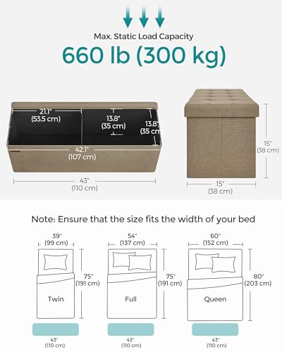 43.3 Inches Folding Storage Ottoman Bench (Camel Brown / 15"D x 43"W x 15"H (without Flipping Lid))