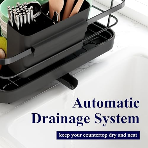 Dish Drying Rack for Kitchen Counter (Black / 12.2''W x 15.7''~23''L - 1 Tier)