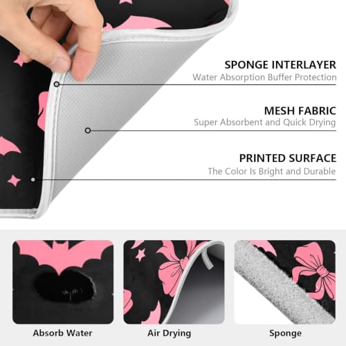 Halloween Dish Drying Mat for Kitchen Counter Absorbent Microfiber Large Drying Pad Pink Bat Bow Dish Mats for Kitchen Countertops 18 x 24 Inch (Halloween Bat Bow / 24" x 18")