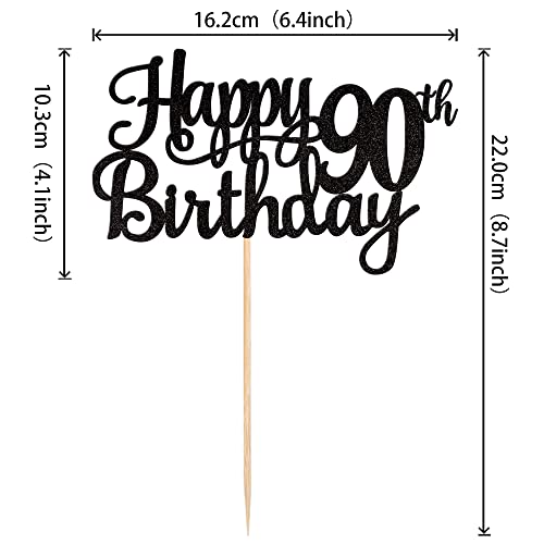 1 PCS Happy 90th Birthday Cake Topper Glitter Cheers to 90 Years Birthday Cake Pick 90 Fabulous Cake Decoration for Happy 90th Birthday Theme Party Decorations Supplies Black (Black / 90th)