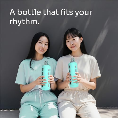 40oz / 32oz / 22oz / 12oz Borosilicate Glass Water Bottle with Time & Volume Markers, Silicone Sleeve, Stainless Steel Lid | Reusable Glass Bottle for Water & Juice (32oz Glow-in-the-Dark) (Glow-in-the-Dark (1 Count) / 32 Ounces)