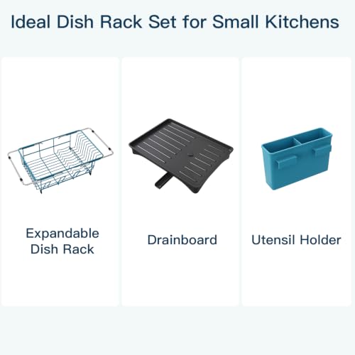 Blue Expandable Dish Drying Rack Over Sink with Extra Drainboard (Blue / For 11.5"-16" W Sink with Cup Holder & Drainboard)
