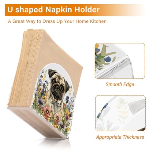Pug Dog Wild Flowers Napkin Holder for Table Paper Napkins Holder Acrylic Tissue Dispenser Kitchen Dining Room Bathroom Party Car Decor (NH078 / 4.1x4.9x1.97in)
