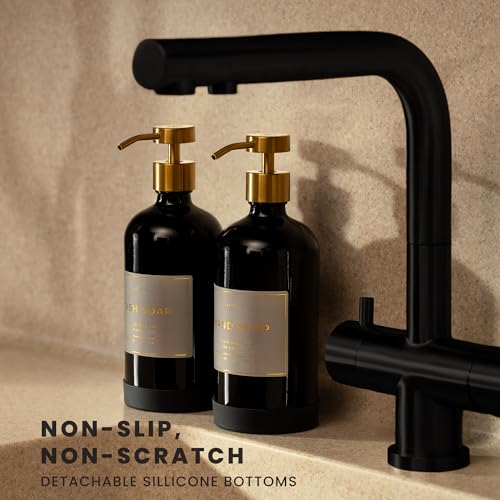 Hand and Dish Soap Dispenser for Kitchen and Bathroom (Gloss Black Bottle / Brushed Gold Pump)