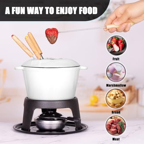 Cast Iron Fondue Pot Set White Enameled 1.6 Qt for Cheese (White)