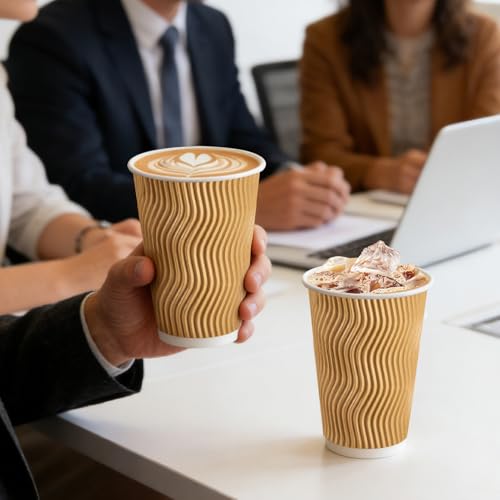 500 Pack 16oz Insulated Disposable Paper Coffee Cups Champagne (Champagne-500 / 16 oz)