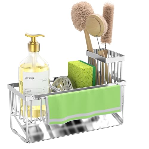 Kitchen Sink Caddy Organzier with High Brush Holder (Silver With Towel Rack / 9.25 inches)