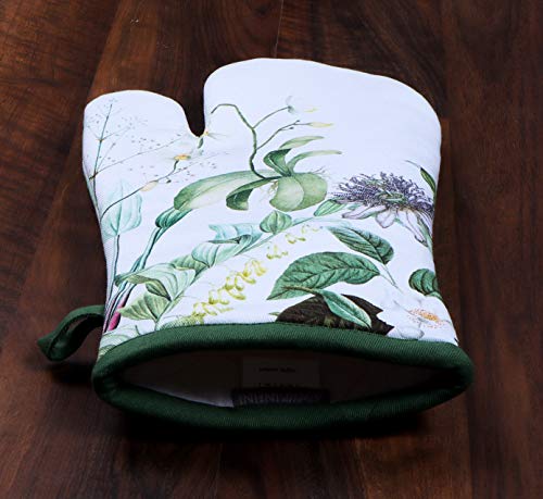 Oven Mitts Set of 1 Quilted Liner with Hanging Loop Non Slip (7x13 inches / Floral Shrubs)