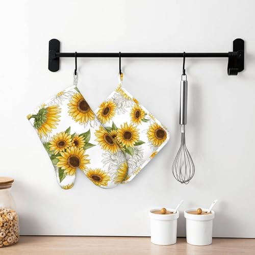 Yellow Sunflower Oven Mitts Pot Holders Set Silicone Heat Resistant Sunflowers Oven Mitts and Hot Pads Yellow Flowers Potholders Non (Yellow)