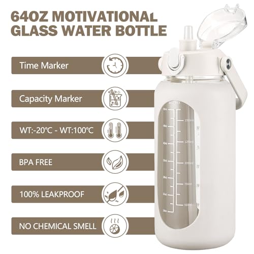 64oz Glass Water Bottles with Straw (White / 64 Ounces)
