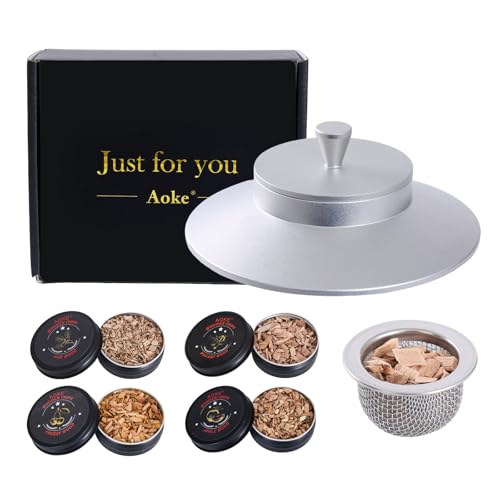 Cocktail Smoker Kit AOKE Metallic Whiskey Smoker Kit with 4 Flavors Wood Chips for Whiskey and Bourbon Old Fashioned Smoker Kit for Enhancing Drink Flavors Whiskey Gifts for Men Father's Day (Silver)