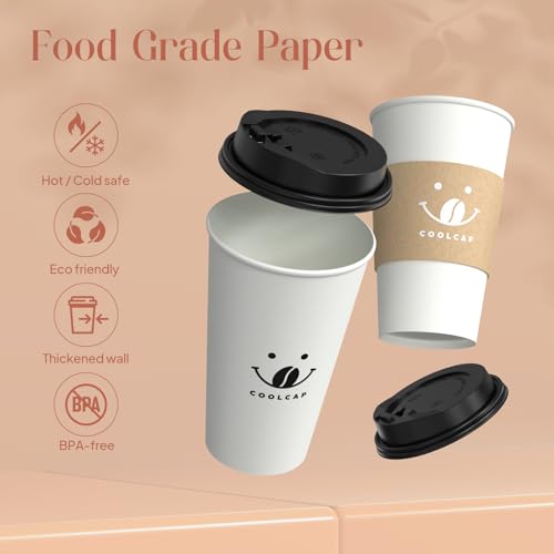 Coffee Cups with Lids and Sleeves (White-300packs / 16 oz)