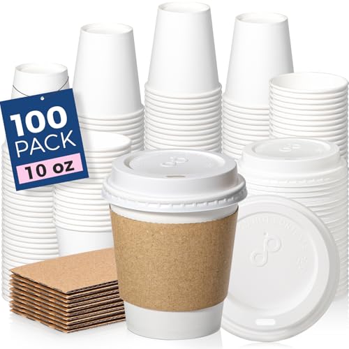 100 Pack 10 oz Disposable Coffee Cups with Lids (10 oz / Classic)