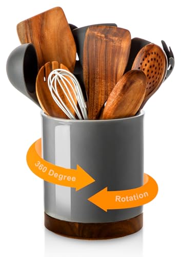 Ceramic Rotating Kitchen Utensil Holder for Countertop (Gray)