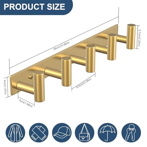 Gold Wall Mount Coat Rack (Gold / 5 "T" Hooks, 1PACK)
