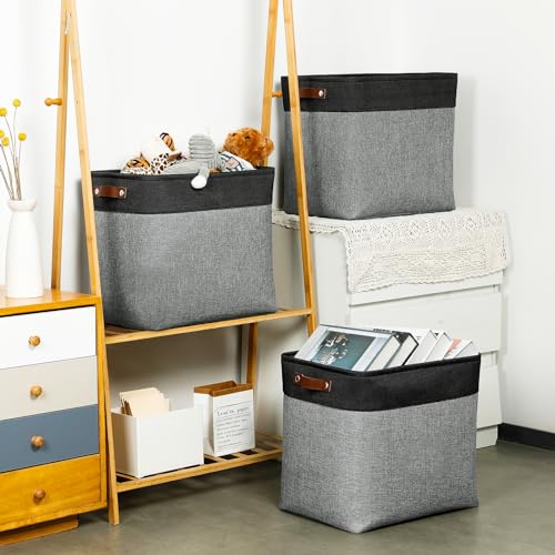 Grey Storage Baskets for Organizing 3 Pack Fabric Shelf Baskets for Gifts Empty Large Storage Organizer for Closet (Black&Grey / XXL-17"x12"x15")
