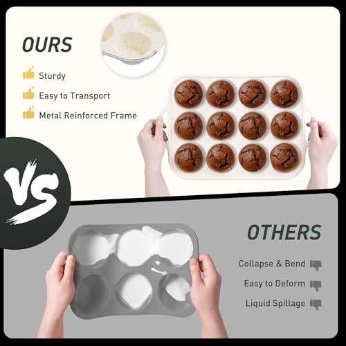 2 Packs 12 Cups Silicone Muffin Pan with Metal Reinforced Frame Regular Size Cupcake Pan Tray Egg Bites Oven Safe Silicone Molds Cookie Muffin Pan Tin Best Baking Sheets Non Toxic Clearance (2pc: 12-Cup Regular / Cream & Black)