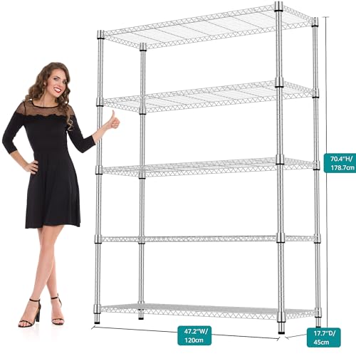 1750LBS 47.2" W 5 Tiers Shelf Steel Storage Shelves Metal Shelving Unit Steel Organizer Wire Rack for Home (5 tier, 17.7" D x 47.2" W x 72.4" H / Chrome)