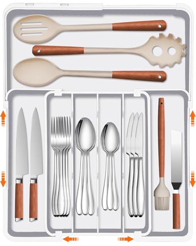 Adjustable Silverware Drawer Organizer (White / M(9.5-15.2"W x 12.6-19"D))