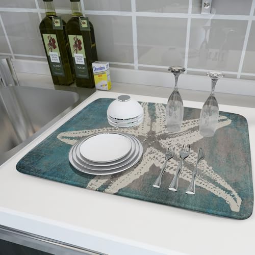 Vintage Starfish Dish Drying Mat Coastal Beachy Nautical Drainer Rack Mat 18"x24" Absorbent Washable Dish Dry Pad for Kitchen Counter Sink (Vintage Starfish / 24" x 24")