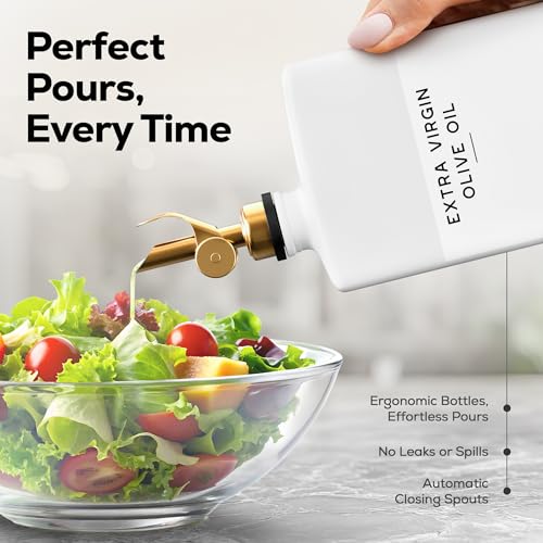 White Glass Olive Oil Dispenser Bottle for Kitchen by Brighter Barns (White/Gold)